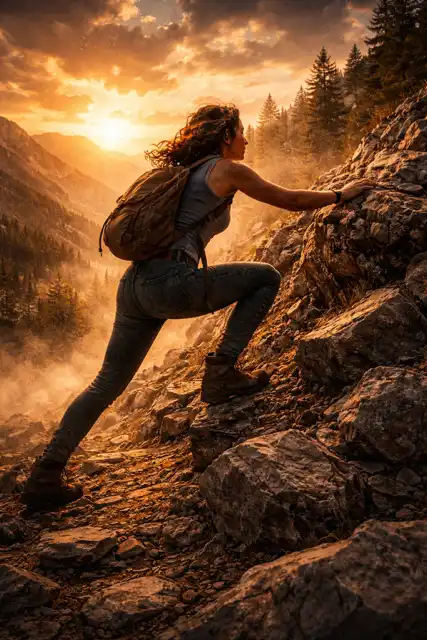 A woman with a backpack climbs a rocky mountain slope at sunset, surrounded by trees and mist.
